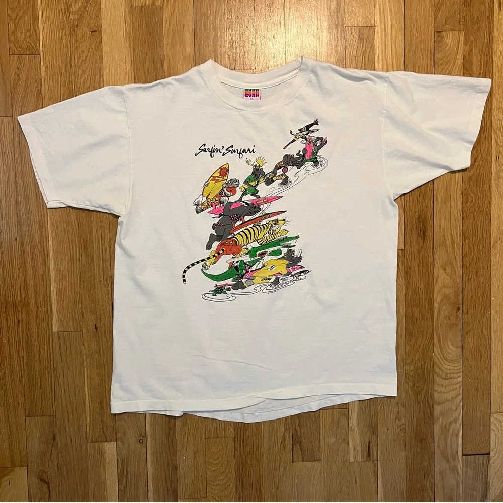Vintage Surfin Surfari T Shirt XL White CYRK 80s Single Stitch Made in USA - Picture 2 of 7